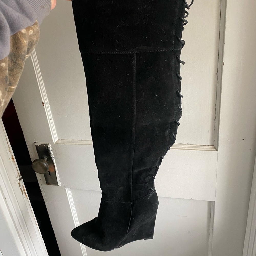 Above knee, wedge heel boots